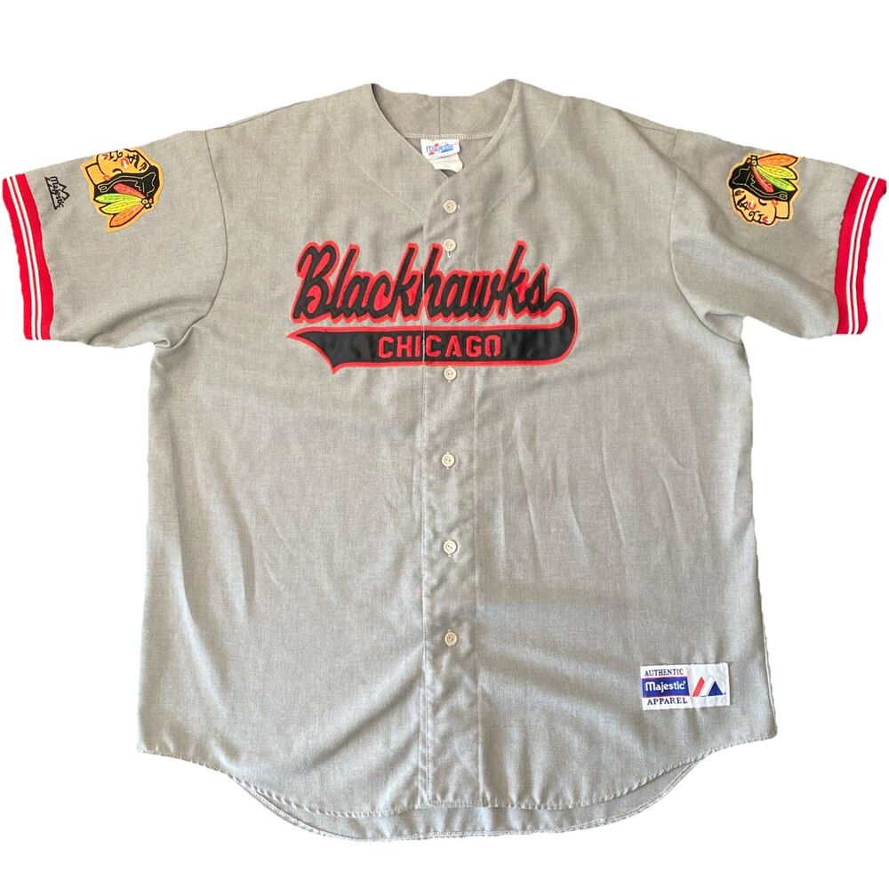 VTG 90s Majestic Chicago Blackhawks Crossover Baseball Jersey Gray Size: XXL